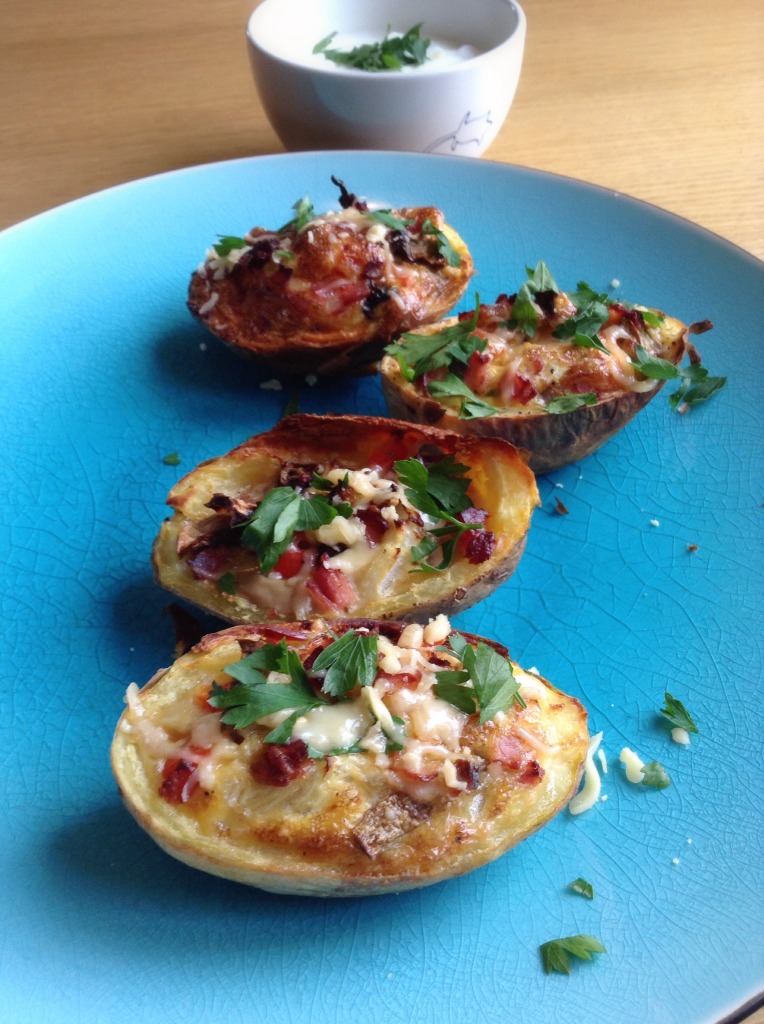 breakfast potato skins with bacon, onions, parsley, bell pepper, mushrooms and yogurt. High in protein and delicious!