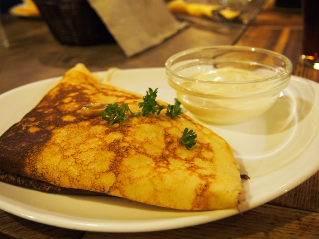 Blue cheese & mushroom pancake in Tallinn Estonia, a traditional food