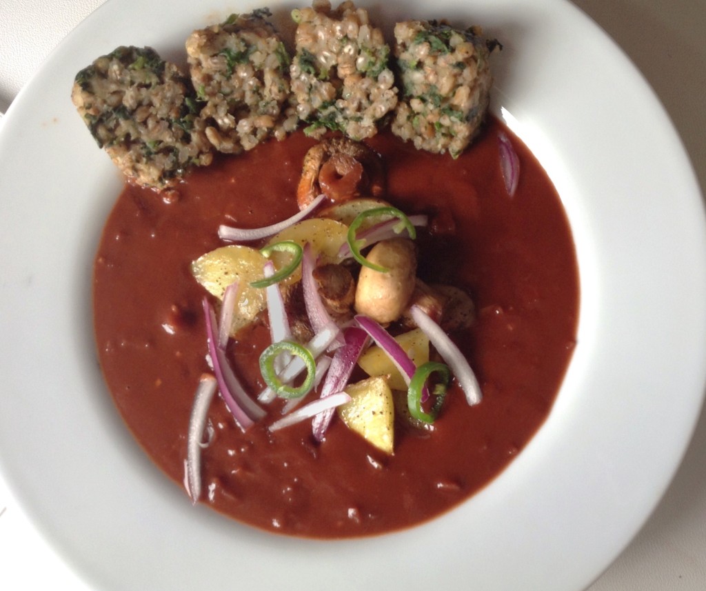 Vegetarian Czech style goulash with onios, mushrooms and potatoes