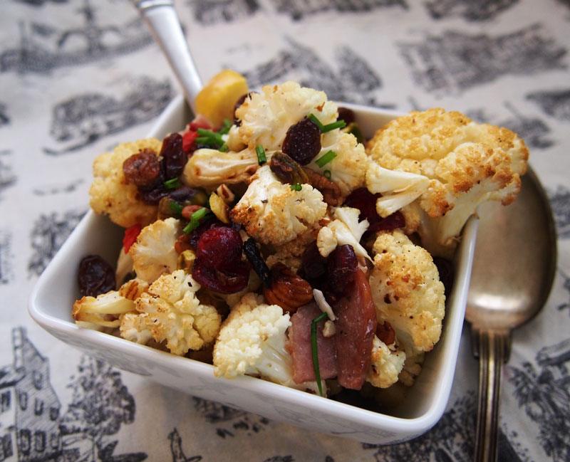 Roasted-Cauliflower-with-nuts,-bacon-and-dried-fruit